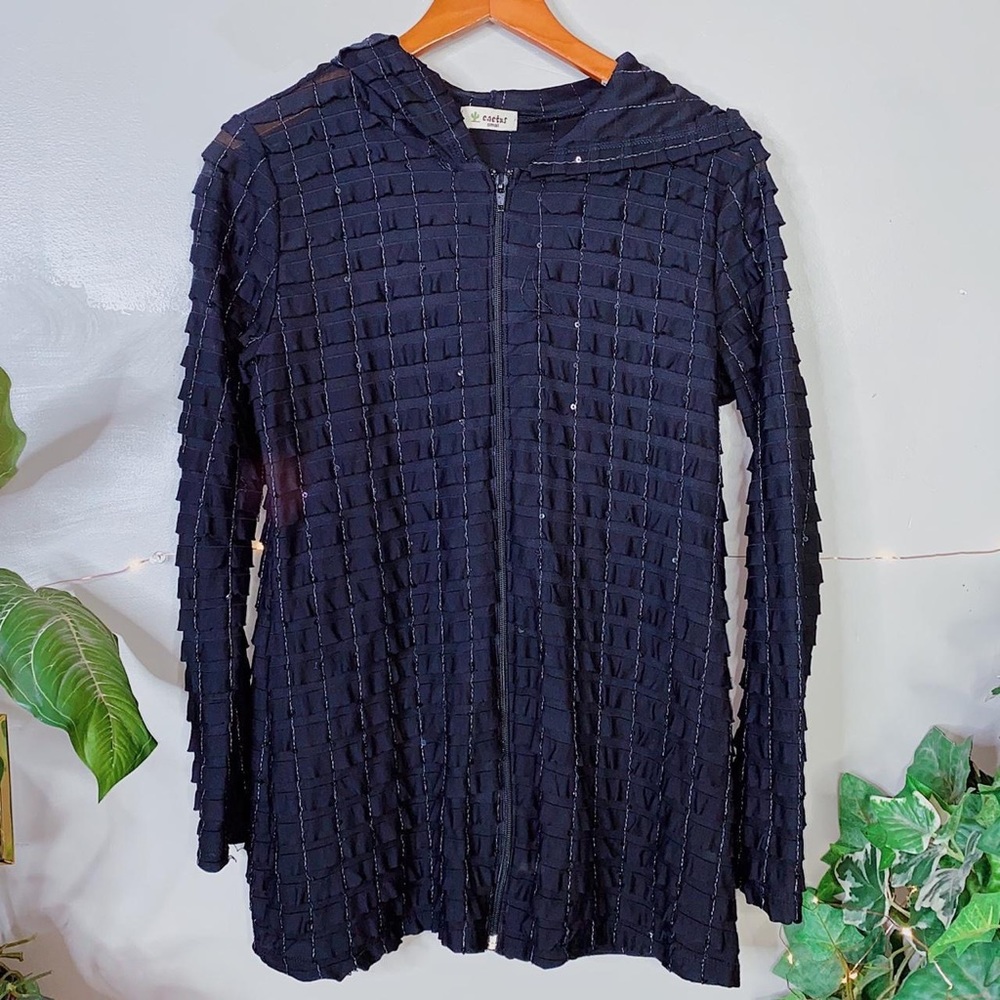 Y2K Black Thin Long Sleeve Ruffle Ribbed Sequins Zip Up Jacket